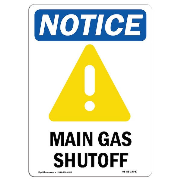 Signmission OSHA Notice Sign, 10" Height, Rigid Plastic, Main Gas Shutoff Sign With Symbol, Portrait OS-NS-P-710-V-14087 - main